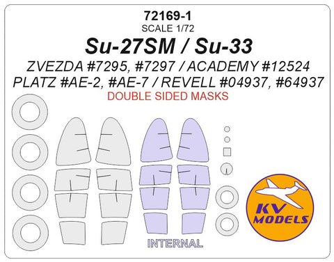 KV Models 72169-1 1/72 Su-27SM / Su-33 (ZVEZDA #7295, #7297 / ACADEMY #12524 / PLATZ #AE-2, #AE-7 / REVELL #04937, #64937) - (Double sided) + wheels masks (For ZVEZDA / REVELL)