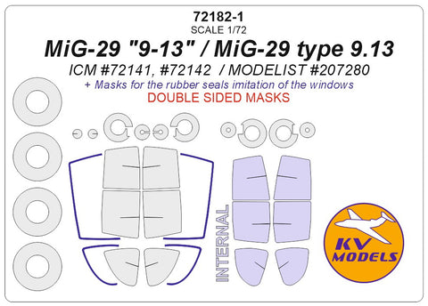 KV Models 72182-1 1/72 MiG-29 "9-13", MiG-29 type 9.13 (ICM #72141, #72142 / MODELIST #207280) - (Double sided) + wheels masks (For ICM / MODELIST)