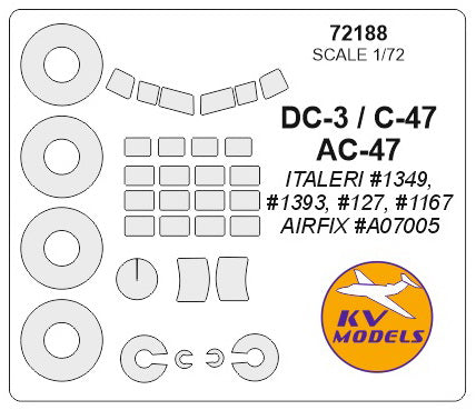 KV Models 72188 1/72 DC-3 / C-47 / AC-47 (ITALERI #1349, #1393, #127, #1167 / AIRFIX #A07005) + wheels masks (For ITALERI / AIRFIX)