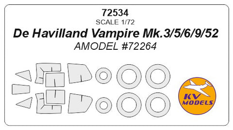 KV Models 72534 1/72 De Havilland Vampire Mk.3/5/6/9/52 (AMODEL #72264) + masks for wheels (For AMODEL)