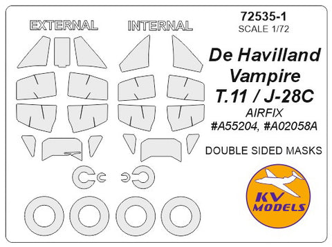 KV Models 72535-1 1/72 De Havilland Vampire T.11 / J-28C (AIRFIX #A55204, #A02058A) - Double sided masks + masks for wheels (For AIRFIX)