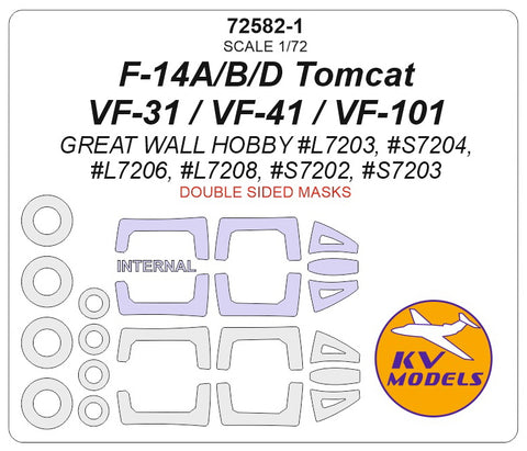 KV Models 72582-1 1/72 F-14A/B/D Tomcat / VF-31 / VF-41 / VF-101 (Great Wall Hobby #L7203, #S7204, #L7206, #L7208, #S7202, #S7203) - Double sided + wheels masks (For Great Wall Hobby)