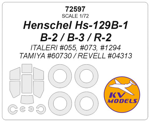 KV Models 72597 1/72 Henschel Hs-129 B-1 / B-2 / B-3 / R-2 (ITALERI #055, #073, #1294 / Tamiya #60730 / REVELL #04313) + wheels masks (For ITALERI / TAMIYA / REVELL)