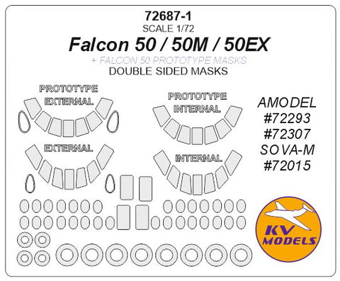 KV Models 72687-1 1/72 Falcon 50 / 50EX / 50M (AMODEL #72293, #72307 / SOVA-M #72015) + Double sided and Prototype masks and masks for wheels (For AMODEL / SOVA-M)