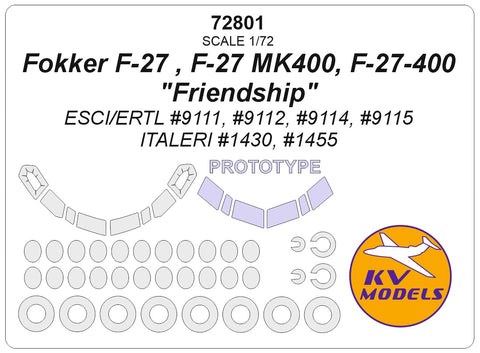 KV Models 72801 1/72 Fokker F-27 , F-27 MK400, F-27-400 "Friendship" (ESCI/ERTL #9111, #9112, #9114, #9115 / ITALERI #1430) + wheels masks (For ESCI / ITALERI)