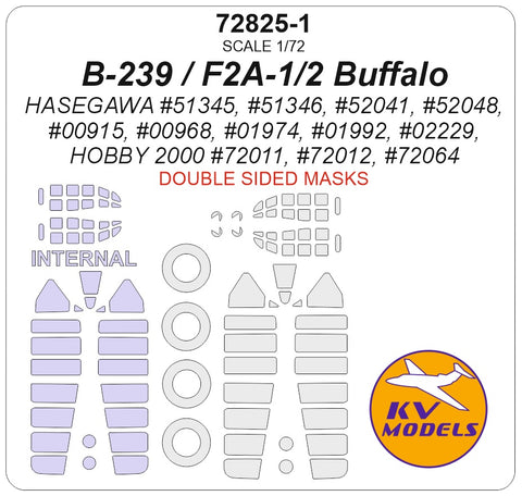 KV Models 72825-1 1/72 F2A-2 Buffalo 'U.S. Navy' (Hasegawa #51345, #51346, #52041, #52048, #00915, #00968, #01974, #01992, #02229, Hobby 2000 #72011, #72012, #72064) - (Double-sided) + wheels masks (For Hasegawa)
