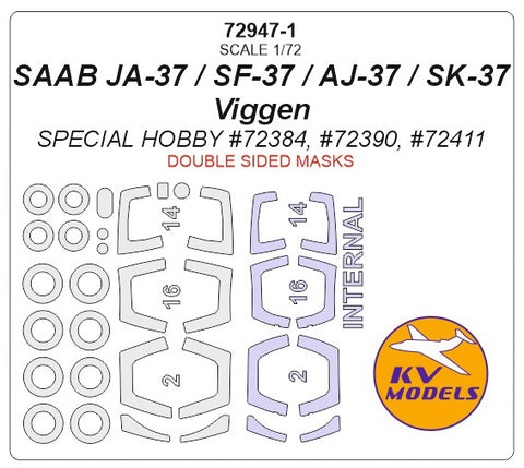 KV Models 72947-1 1/72 SAAB JA-37 / SF-37 / AJ-37 / SK-37 Viggen (SPECIAL HOBBY #72384, #72390, #72411) - (Double sided masks) + masks for wheels (For SPECIAL HOBBY)