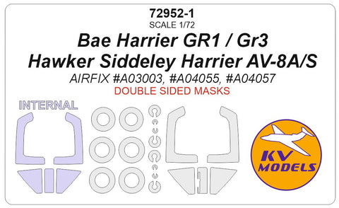 KV Models 72952-1 1/72 Bae Harrier GR1 / GR3 / Hawker Siddeley Harrier AV-8A/S (AIRFIX #A03003, #A04055, #A04057) - Double sided + wheels masks (For AIRFIX)