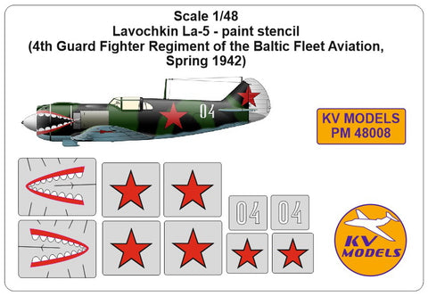 KV Models PM48008 1/48 Lavochkin La-5 - paint stencil
(4th Guard Fighter Regiment of the Baltic Fleet Aviation, Spring 1942) (For ZVEZDA)