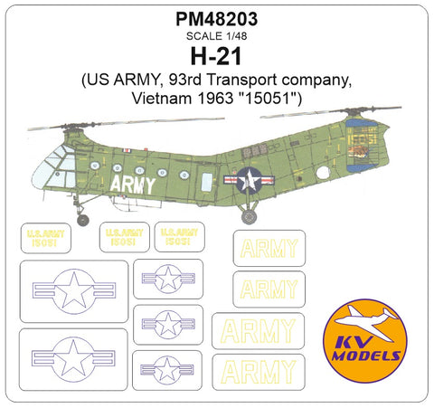 KV Models PM48203 stencils H-21 (US ARMY, 93rd Transport company, Vietnam 1963 "15051") (For ITALERI)