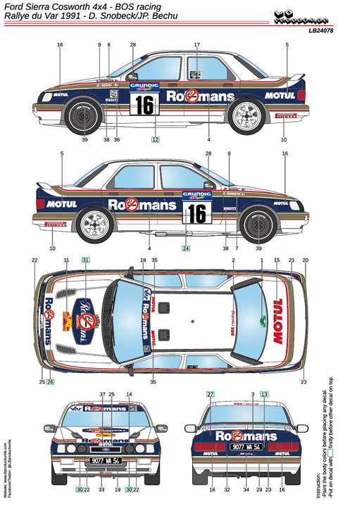 LB Production 24078 1/24 Ford Sierra Cosworth 4x4 - BOS racing - Rallye du Var 1991 - D. Snobeck/JP. Bechu