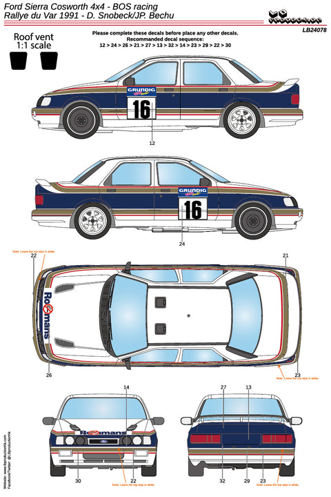 LB Production 24078 1/24 Ford Sierra Cosworth 4x4 - BOS racing - Rallye du Var 1991 - D. Snobeck/JP. Bechu