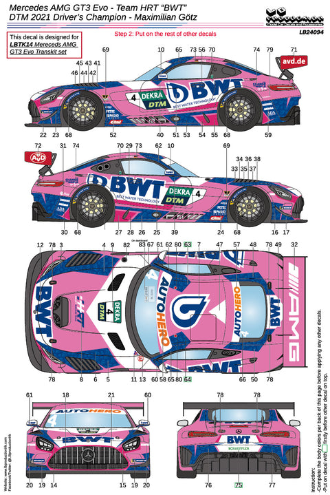 LB Production 24094 1/24 Mercedes AMG GT3 Evo "BWT" Team HRT - DTM 2021 Driver's Champion - Maximilian Gotz