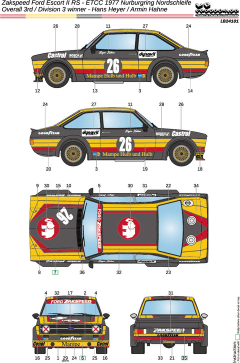 LB Production 24101 1/24 Zakspeed Ford Escort II RS - ETCC 1977 Nurburgring Nordschieife - Overall 3rd/Division 3 winner - Hans Heyer/ Armin Hahne