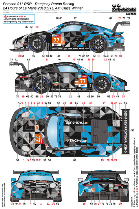 LB Production 24106 1/24 Porsche 911 RSR - Dempsey Proton Racing -24 Hours of Le Mans 2018 GTE AM Class winner