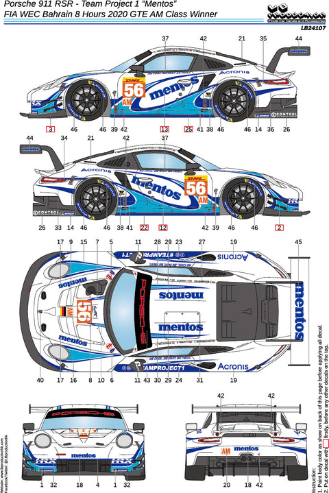 LB Production 24107 1/24 Porsche 911 RSR - Team Project 1 "Mentos" - FIA WEC Bahrain 8 Hours 2020 GTE AM Class winner