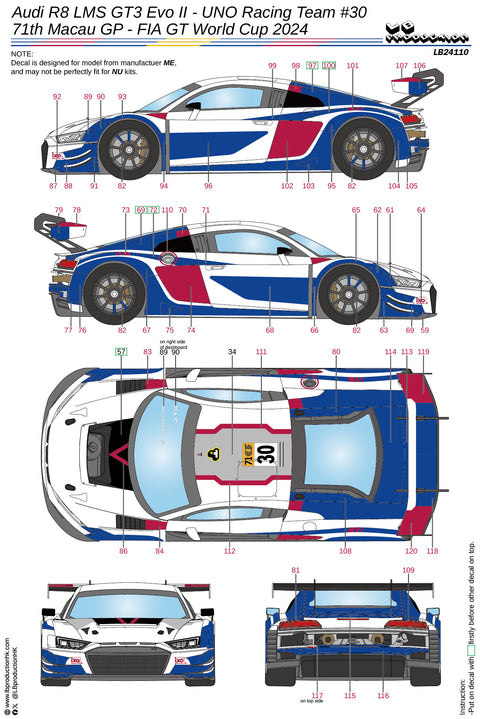 LB Production 24110 1/24 Audi R8 LMS GT3 Evo II - UNO Racing Team #10 - 71th Macau G.P GT World Cup 2024