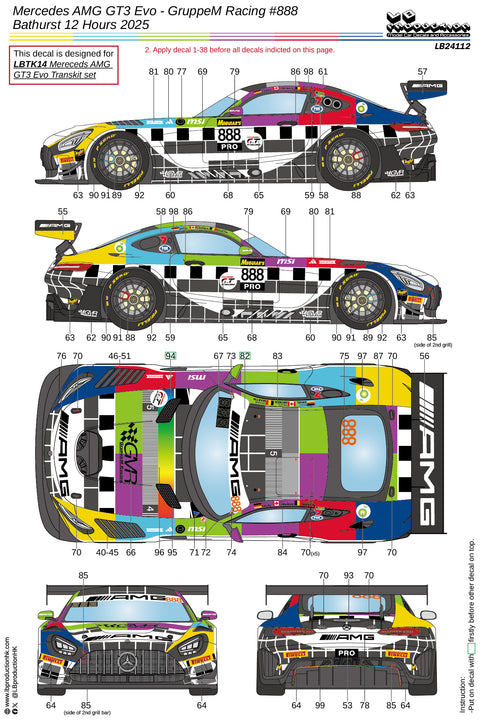 LB Production 24112 1/24 Mercedes AMG GT3 Evo - GruppeM Racing #888 "TV Test" Bathurst 12 Hours 2025