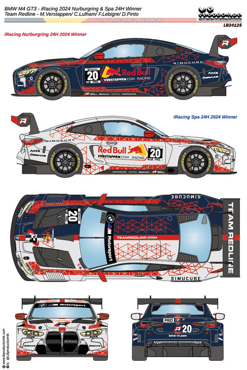 LB Production 24125 1/24 BMW M4 GT3 - iRacing 2024 Nurburgring & Spa 24H Winner - Team Redline - M.Verstappen/ C.Lulham/ F.Lebigre/ D.Pinto
