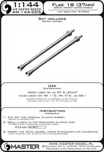 MASTER AM-144-005 1/144 German aircraft cannon 3,7cm Flak 18 gun barrels (used on Ju-87G and other) (2pcs)