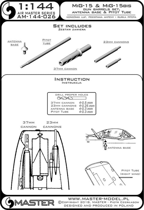 MASTER AM-144-026 1/144 MiG-15 - gun barrels, antenna base & Pitot Tube
