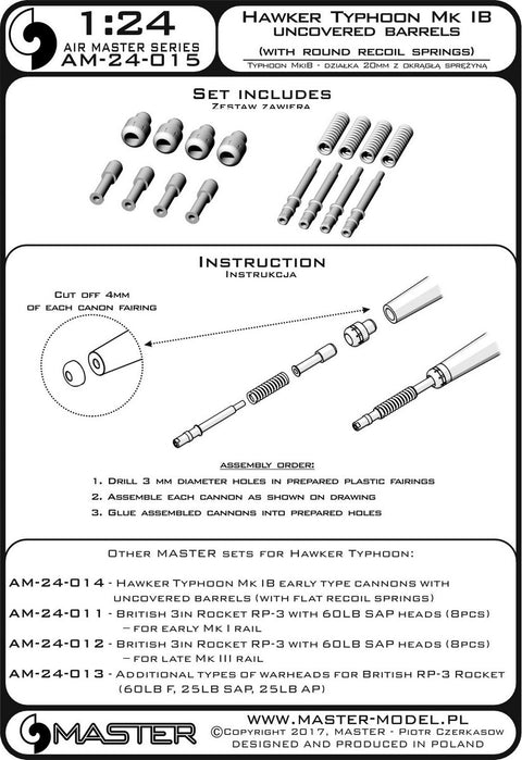 MASTER AM-24-015 1/24 Hawker Typhoon Mk IB early type cannons with uncovered barrels (with round recoil springs)