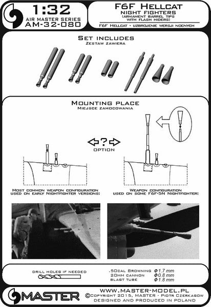 MASTER AM-32-080 1/32 F6F Hellcat - night fighters armament (.50 cal Brownings and 20mm cannon tips with flash hiders )