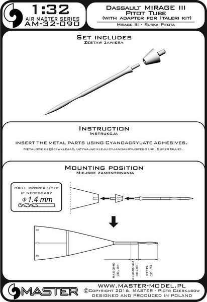 MASTER AM-32-090 1/32 Dassault Mirage III - Pitot Tube (with adapter for Italeri kit)