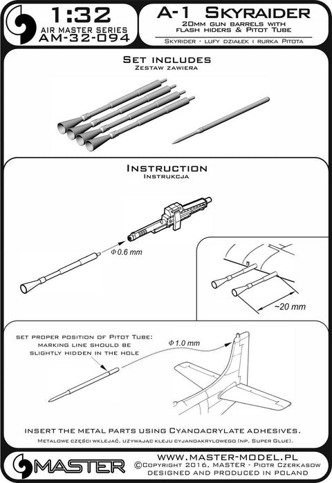 MASTER AM-32-094 1/32 A-1 Skyraider - 20mm cannon barrels with flash hiders and Pitot Tube