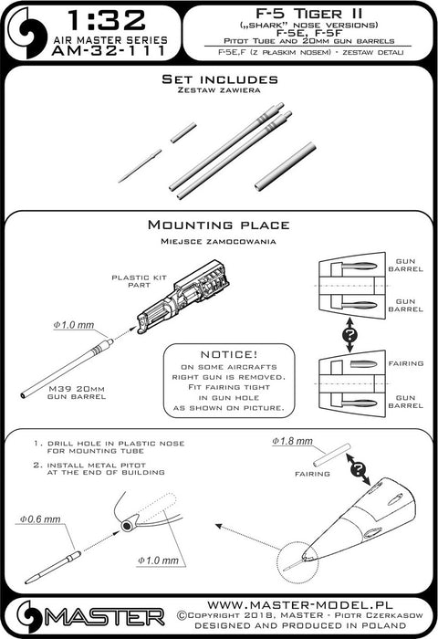 MASTER AM-32-111 1/32 F-5 Tiger II "Freedom Fighter" (shark nose versions) - F-5 E, F - Pitot Tube and 20mm gun barrels