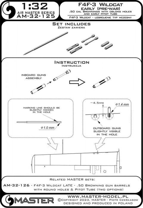 MASTER AM-32-125 1/32 F4F-3 Wildcat EARLY (pre-war) - .50 Browning gun barrels with oblong holes & early Pitot Tube