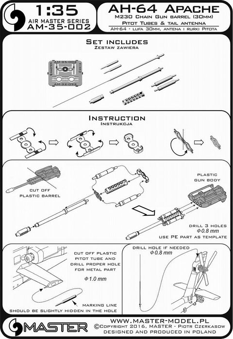 MASTER AM-35-002 1/35 AH-64 Apache - M230 Chain Gun barrel (30mm), Pitot Tubes and tail antenna (resin, PE and turned parts)