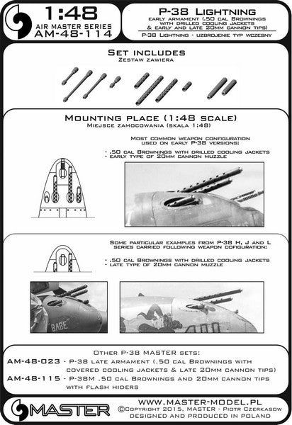 MASTER AM-48-114 1/48 P-38 Lightning - early armament (.50 cal Brownings with drilled cooling jackets & early and late 20mm cannon tips)