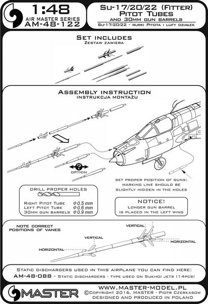 MASTER AM-48-122 1/48 Su-17, Su-20, Su-22 (Fitter) - Pitot Tubes (optional parts for all versions) and 30mm gun barrels