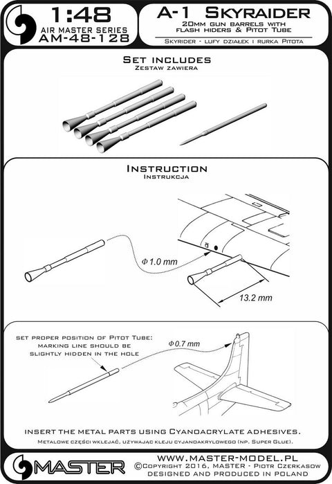MASTER AM-48-128 1/48 A-1 Skyraider - 20mm cannon barrels with flash hiders and Pitot Tube
