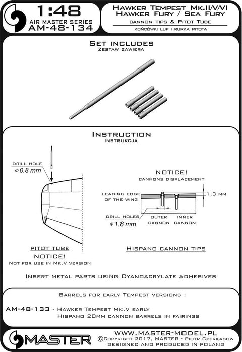 MASTER AM-48-134 1/48 Hawker Tempest Mk.II/V/VI and Hawker Fury/Sea Fury - Hispano Mk.V cannon barrel tips and Pitot Tube