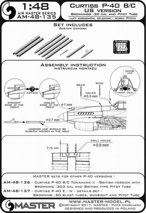 MASTER AM-48-135 1/48 Curtiss P-40 B/C - US version - Browning .30 cal and US type Pitot Tube