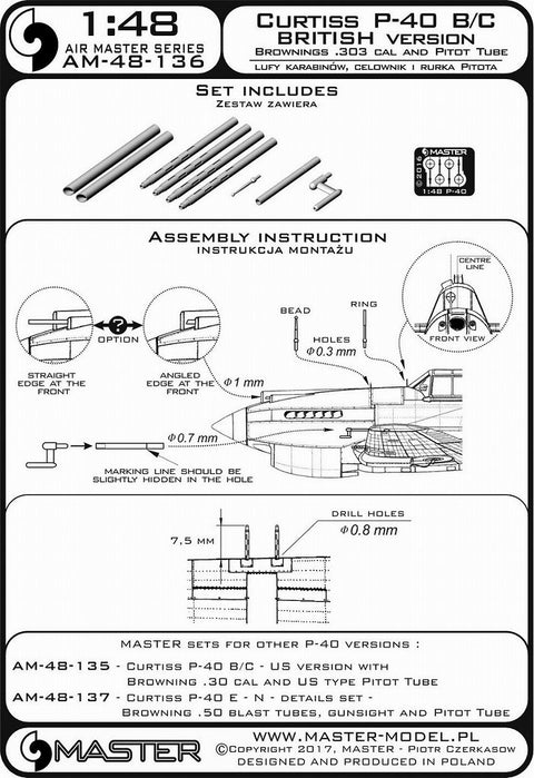 MASTER AM-48-136 1/48 Curtiss P-40 B/C Tomahawk II - British version - Browning .303 cal and British type Pitot Tube