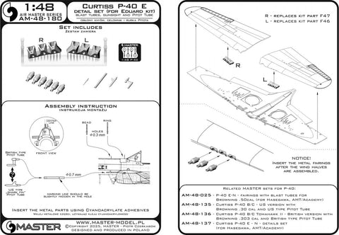 MASTER AM-48-180 1/48 Curtiss P-40 E-N - 6 x Browning .50 blast tubes with adapter & gunsight & Pitot Tube (for Eduard)