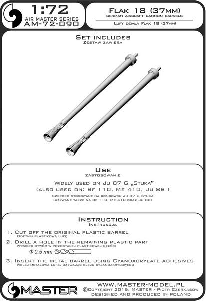 MASTER AM-72-090 1/72 German aircraft cannon 3,7cm Flak 18 gun barrels (used on Ju-87G and other) (2pcs)