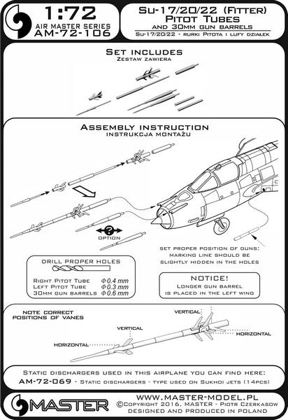MASTER AM-72-106 1/72 Su-17, Su-20, Su-22 (Fitter) - Pitot Tubes (optional parts for all versions) and 30mm gun barrels