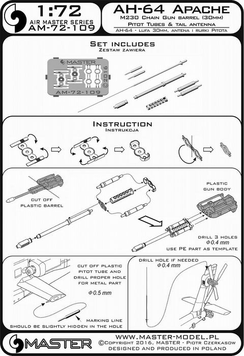 MASTER AM-72-109 1/72 AH-64 Apache - M230 Chain Gun barrel (30mm), Pitot tubes and tail antenna (resin, PE and turned parts)