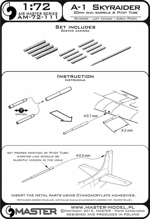 MASTER AM-72-111 1/72 A-1 Skyraider - 20mm cannon barrels and Pitot Tube