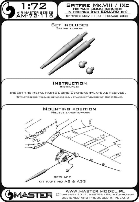 MASTER AM-72-116 1/72 Spitfire Mk.VIII/IXc - Hispano 20mm cannons in fairings (fit to Eduard)