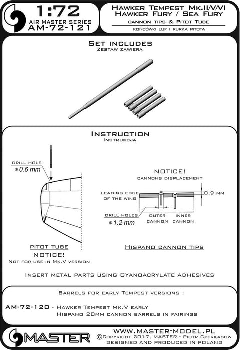 MASTER AM-72-121 1/72 Hawker Tempest Mk.II/V/VI and Hawker Fury/Sea Fury - Hispano Mk.V cannon barrel tips and Pitot Tube