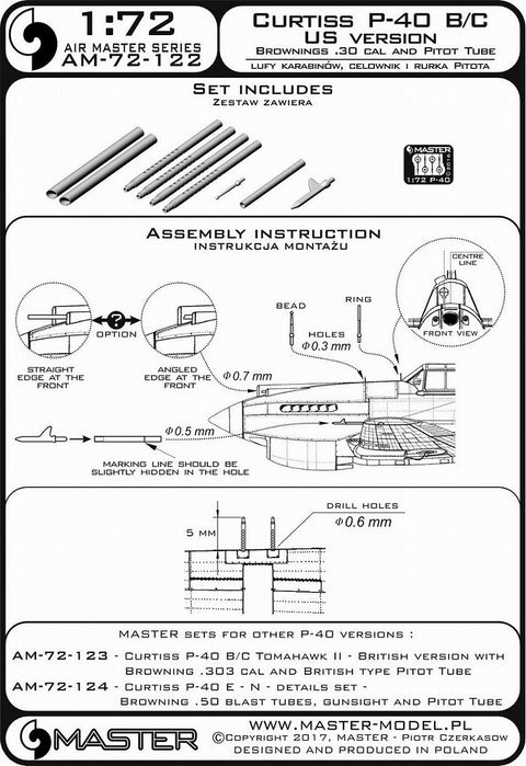 MASTER AM-72-122 1/72 Curtiss P-40 B/C - US version - Browning .30 cal and US type Pitot Tube