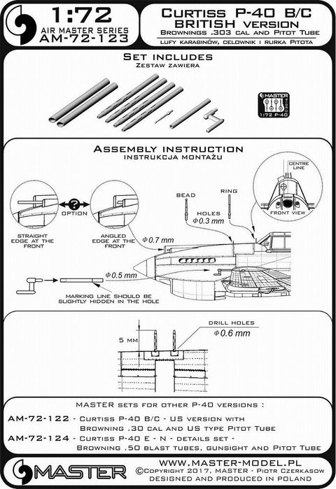 MASTER AM-72-123 1/72 Curtiss P-40 B/C Tomahawk II - British version - Browning .303 cal and British type Pitot Tube