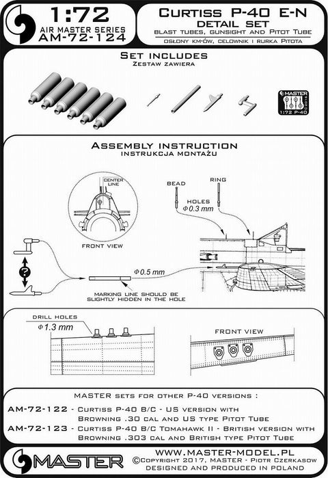 MASTER AM-72-124 1/72 Curtiss P-40 E - N - details set - Browning .50 blast tubes, gunsight and Pitot Tube