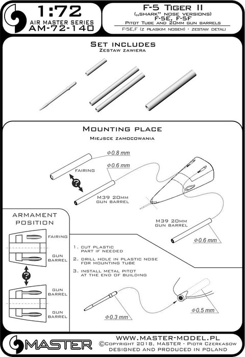 MASTER AM-72-140 1/72 F-5 Tiger II "Freedom Fighter" (shark nose versions) - F-5 E, F - Pitot Tube and 20mm gun barrels