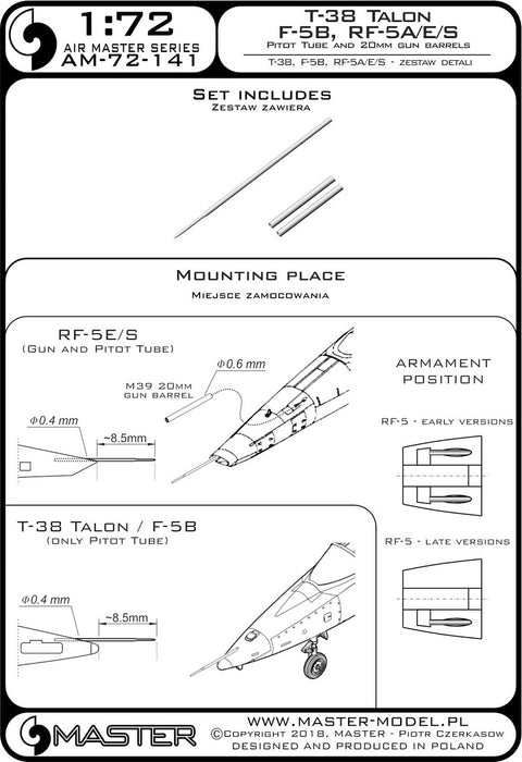 MASTER AM-72-141 1/72 T-38 Talon / F-5B / RF-5A, E, S - Pitot Tube and 20mm gun barrels